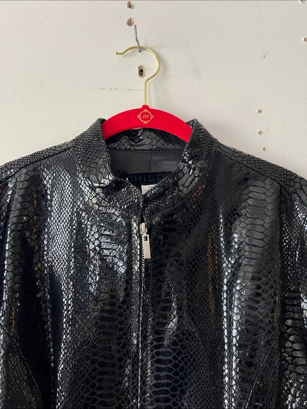 Chico's Black 100% Leather Snakeskin Zip Jacket with lining Size 1
